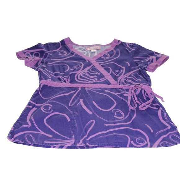 Koi Small Purple Modern Swirling Mock Wrap Kimono Style Medical Scrub Top Nurse - Picture 8 of 11